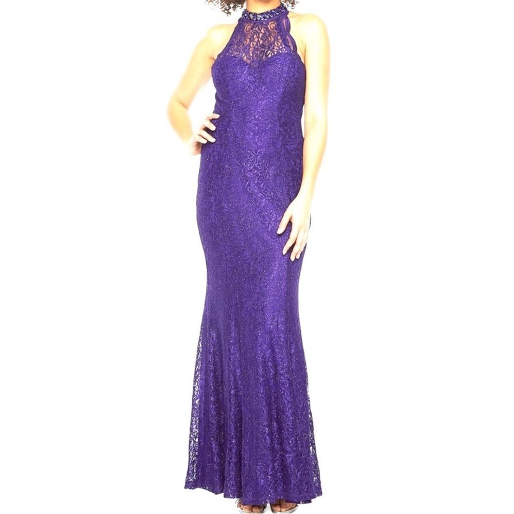 NWT Jackie Jon | Purple Shimmer Halter Necklace Sleeveless Evening Gown 4
